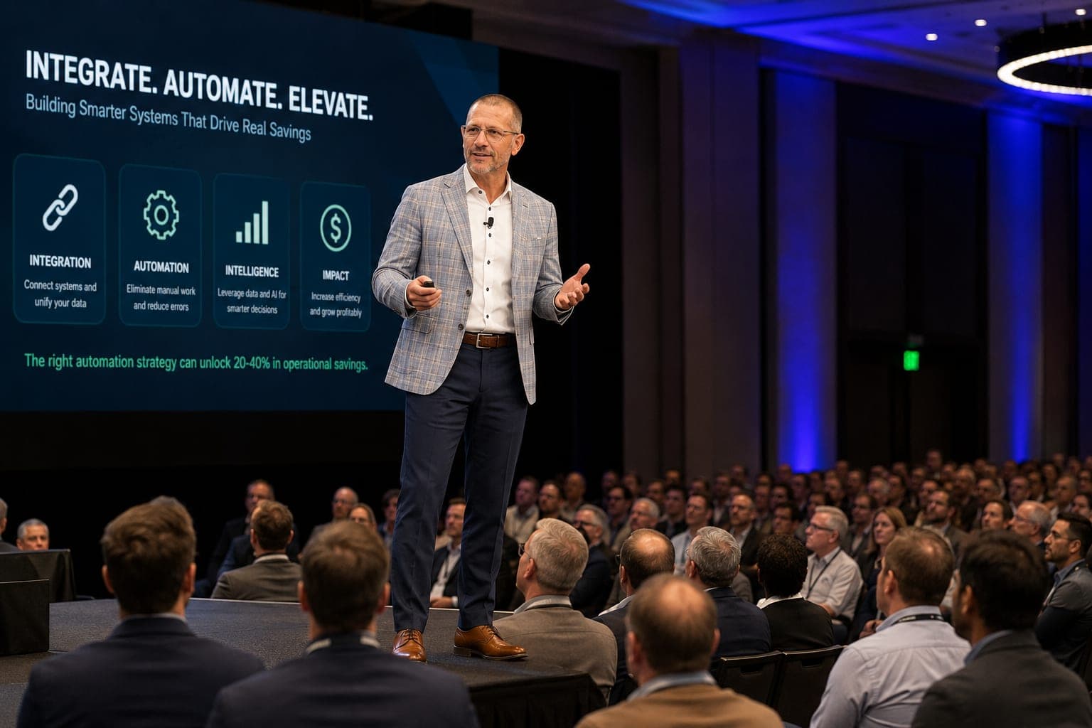 Mike Sweigart delivering a keynote: Integrate. Automate. Elevate.