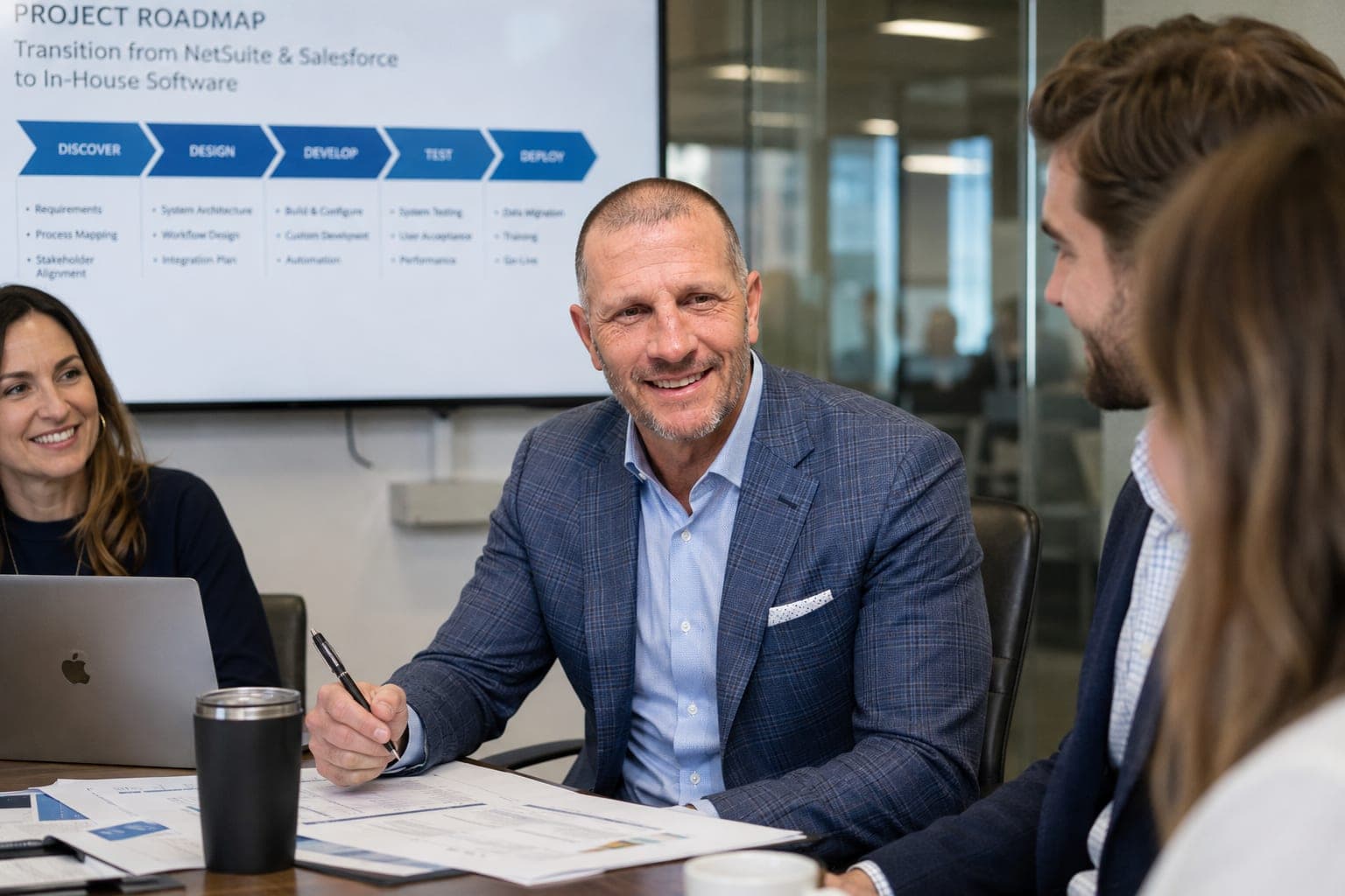 Mike Sweigart reviewing a project roadmap with clients